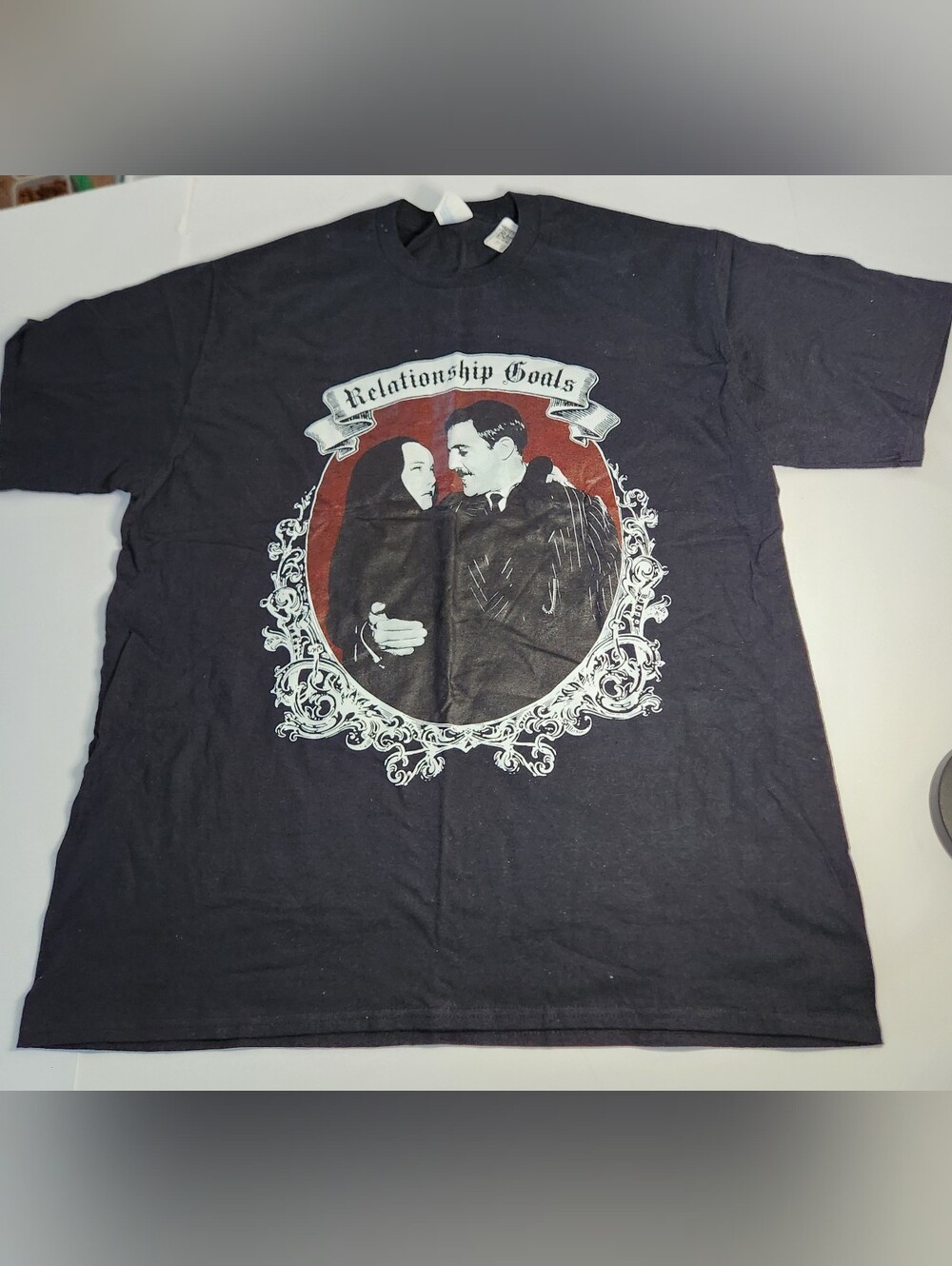 Ladies Sz XL Gomez & Morticia Addams Family Relationship Goals Black Graphic Tee